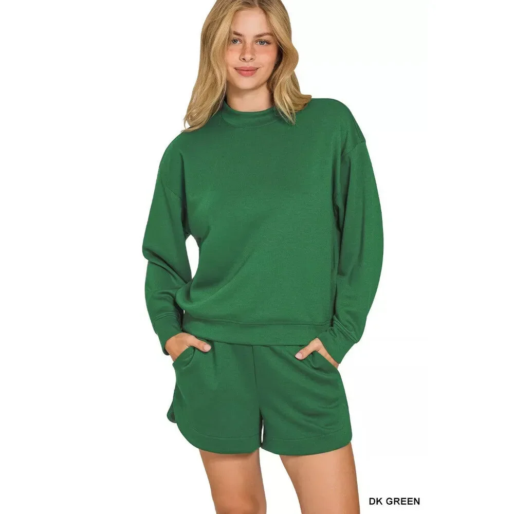 Zenana Scuba Long Sleeve Sweatshirt and Shorts Set